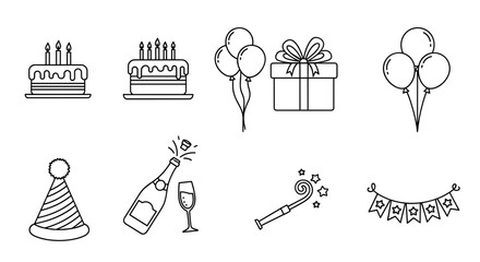 Obraz premium Outlined birthday party elements including cake balloons and decorations