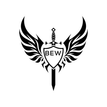 BEW "Warrior Shield and Sword Emblem with Wings Logo," BEW Later Logo, "Black Tribal Winged Sword Crest Vector,"
