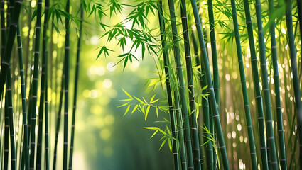 Sunlight filters through a dense grove of towering bamboo stalks.