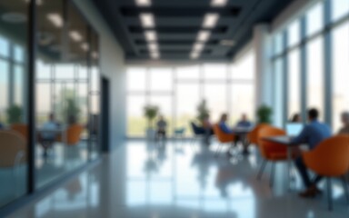Beautiful blurred background of a modern office interior in gray tones with panoramic windows, glass partitions, and orange accents. High quality