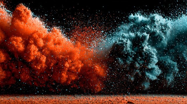 Dynamic swirl of orange and blue powder bursts in vibrant motion during a creative event - Powered by Adobe