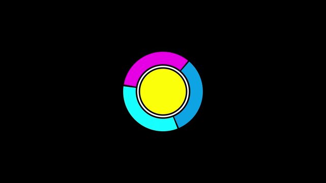 Animated pie chart showing data percentages against a black background with matching design elements on animation....