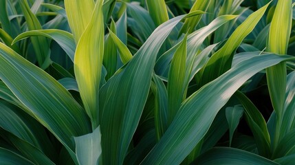 Obraz premium Vibrant green cornfield leaves illuminated by sunlight showcasing agricultural beauty