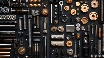 A meticulously arranged collection of industrial hardware and components on a flat surface