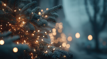 Cinemagraph Concept of Glowing String Lights on Evergreen Branches with Ornaments, Dreamy Soft Focus