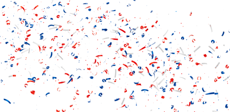 Festive confetti background with red, white, and blue ribbons. Perfect for celebrations and holidays.