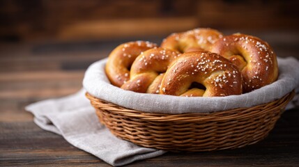 Freshly baked pretzels arranged in a woven basket on a rustic wooden table, showcasing golden-brown crust and sprinkled salt, perfect for festive gatherings and celebrations