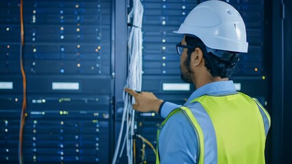Male Technician Examining Servers in Data Center Wearing Safety Gear Examining Digital Infrastructure - Powered by Adobe
