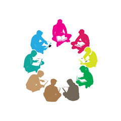 Vector art of diverse group of people sitting in a circle, reading books and engaging in learning, depicted in a colorful, abstract illustration