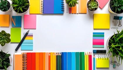 A vibrant flat lay of colorful back-to-school supplies neatly organized into a creative frame. This rainbow workspace on a white background offers ample copy space for your message or brand.
