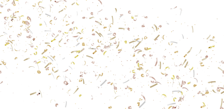 High-resolution image of gold and white confetti falling on a white background. Perfect for celebratory designs.