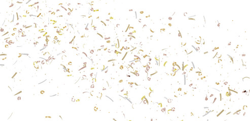 High-resolution image of gold, silver, and rose gold confetti falling on a white background. Perfect for celebratory designs.