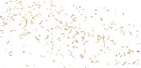 High-resolution image of gold, silver, and rose gold confetti falling on a white background. Perfect for celebratory designs.