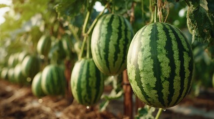 Growing watermelons in a sunny field showcasing ripe fruits ready for harvest