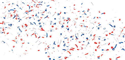 Festive confetti background with red, white, and blue ribbons. Perfect for celebrations and holidays.