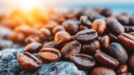 Fototapeta premium Freshly roasted coffee beans scattered on rocky surface at sunrise by the coast