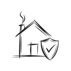 Sketch of a house with smoke coming from the chimney and a shield with a checkmark next to it