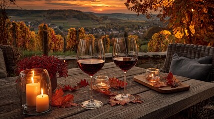 Enjoying red wine at sunset amidst autumn scenery in a vineyard