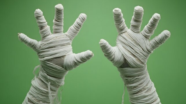 Artistic Concept: Healing Process and Creative Expression through Bandaged Hands and Wrapped Fingers with Green Background and Textural Details