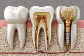 Detailed view of a dental implant process showing natural and artificial teeth