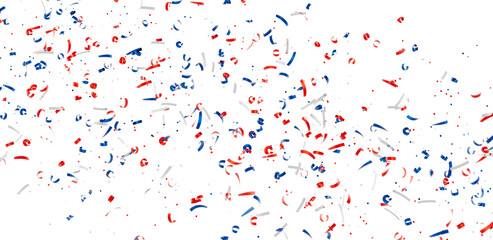 Festive confetti background with red, white, and blue ribbons. Perfect for celebrations and holidays.
