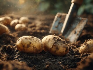 freshly harvested potatoes lying on moist dark soil