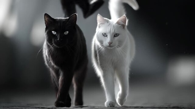 A white cat and a black cat walking side by side