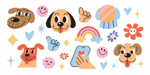 Collection of playful and whimsical hand drawn illustrations featuring dogs rainbows hearts and smiley faces