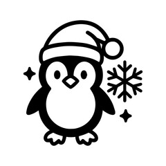 Penguin with Santa hat and snowflake icon with transparent background cute winter holiday illustration
