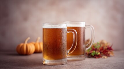 Two frosty beer mugs filled with golden liquid, surrounded by autumn leaves and small pumpkins, creating a festive atmosphere for seasonal celebrations and gatherings