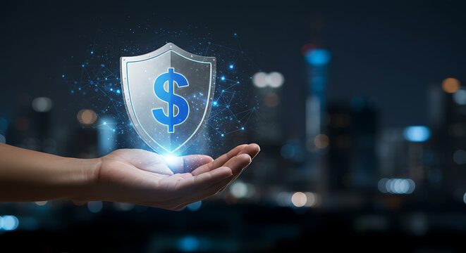 Hand holding digital shield with dollar symbol over blurred city lights money protection