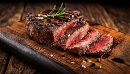 traditional dry aged bison beef steak served close up on an old rustic wooden board