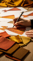 Hand sketching dress design, autumnal orange and yellow fabric swatches nearby, showcasing fashion design process and color palette selection