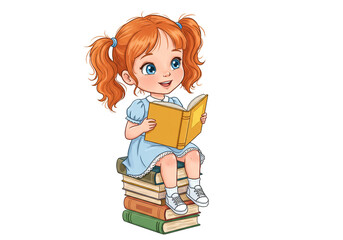 isolated illustration of redhead girl reading a book sitting on a stack of books