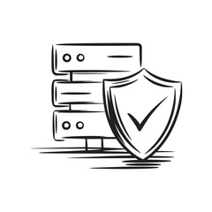 A sketched server stack with a shield and checkmark indicating data protection and security measures in place