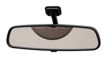 Classic car's interior rearview mirror, slightly convex smoked glass, matte black frame, driver's view, on immaculate white background with copy space. Timeless automotive utility concept