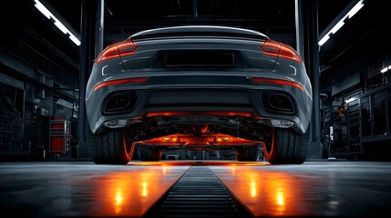 Dramatic, low-angle photograph shows a car's undercarriage on a hydraulic lift, with intense orange accent lighting highlighting the complex suspension and chassis.