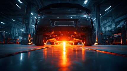 Dramatic, low-angle photograph shows a car's undercarriage on a hydraulic lift, with intense orange accent lighting highlighting the complex suspension and chassis.