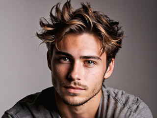 Obraz premium Messy textured short hairstyle with forward strands and natural volume