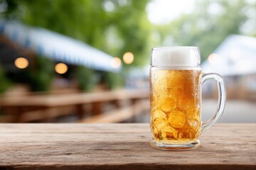 Refreshing glass of golden beer with frothy head sits on rustic wooden table, surrounded by blurred festive atmosphere, capturing the spirit of celebration and enjoyment