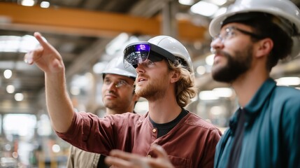 Workers in a manufacturing facility utilizing augmented reality technology for training and collaboration