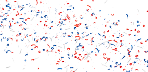 Festive confetti background with red, white, and blue streamers. Perfect for celebrations and holidays.