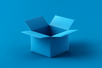 Blue open cardboard box on blue background with clean edges and minimalistic style, symbolizing packaging, storage, and shipping concepts.
