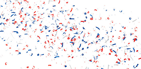 Festive confetti background with red, white, and blue ribbons. Perfect for celebrations, holidays, and parties.