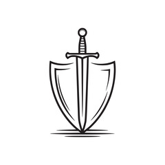 A simple line drawing of a sword placed in front of a shield on a white background design art