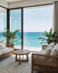 An airy coastal living room with floor-to-ceiling glass doors offering turquoise ocean views.