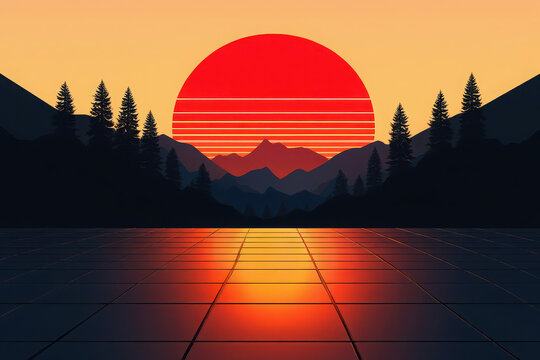 Retro wave sunset with neon grid reflection and mountain silhouette