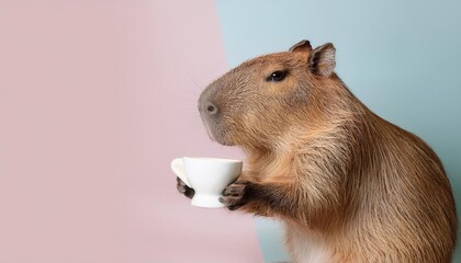 capybara hHolding coffee cup on pastel background