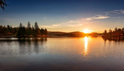 Fototapeta premium calm sunset reflections on tranquil lake creating warm atmosphere