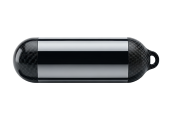 Perfectly symmetrical, highly polished charcoal gray ovoid object with matte black carbon fiber cap, on transparent, soft studio light, concept of advanced data storage
